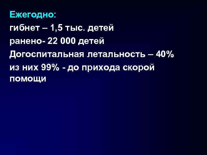 Ежегодно: гибнет – 1, 5 тыс. детей ранено- 22 000 детей Догоспитальная летальность – Ежегодно: гибнет – 1, 5 тыс. детей ранено- 22 000 детей Догоспитальная летальность –