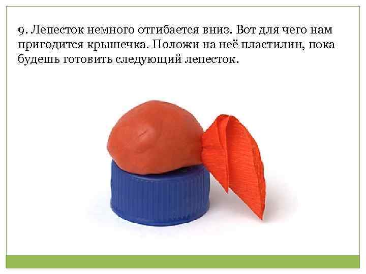 9. Лепесток немного отгибается вниз. Вот для чего нам пригодится крышечка. Положи на неё