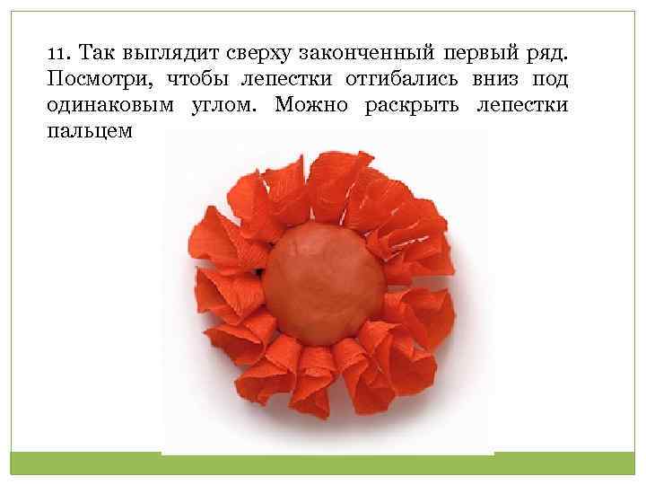 11. Так выглядит сверху законченный первый ряд. Посмотри, чтобы лепестки отгибались вниз под одинаковым