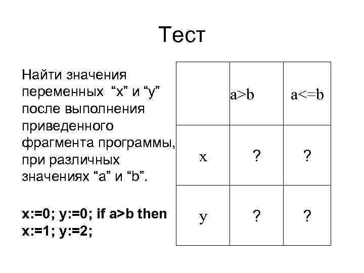 Тест Найти значения переменных “х” и “у” после выполнения приведенного фрагмента программы, при различных