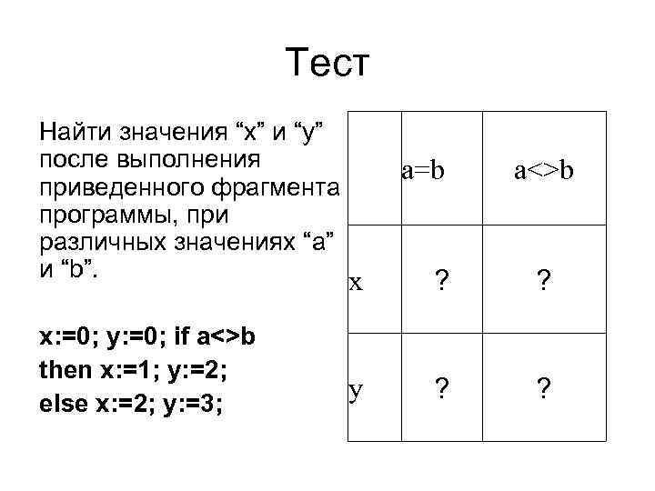 Тест Найти значения “х” и “у” после выполнения приведенного фрагмента программы, при различных значениях