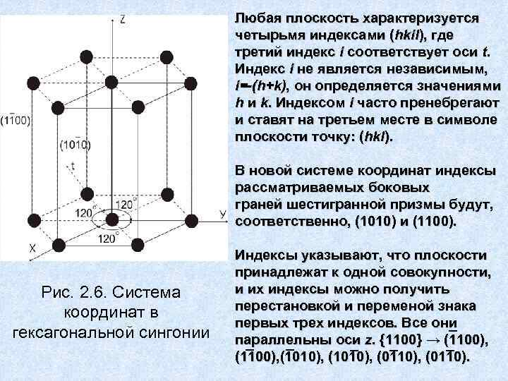 Любая плоскость характеризуется четырьмя индексами (hkil), где третий индекс i соответствует оси t. Индекс