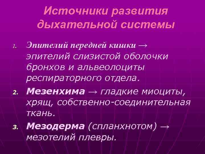 Источники развития дыхательной системы 1. 2. 3. Эпителий передней кишки → эпителий слизистой оболочки