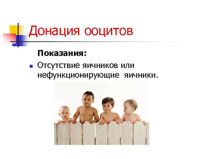 Донация ооцитов n Показания: Отсутствие яичников или нефункционирующие яичники. 