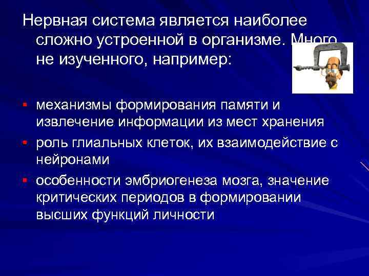 Нервная система является наиболее сложно устроенной в организме. Много не изученного, например: § механизмы