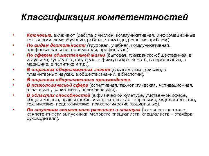 Классификация компетентностей • • Ключевые, включают (работа с числом, коммуникативная, информационные технологии, самообучение, работа