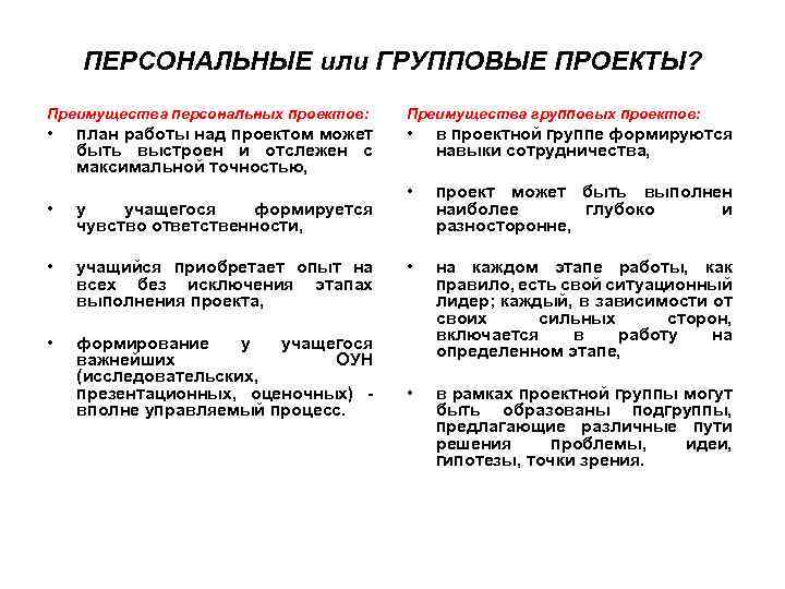 ПЕРСОНАЛЬНЫЕ или ГРУППОВЫЕ ПРОЕКТЫ? Преимущества персональных проектов: Преимущества групповых проектов: • • в проектной
