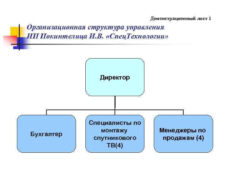  Демонстрационный лист 1 Организационная структура управления ИП Покинтелица И. В. «Спец. Технологии» Директор