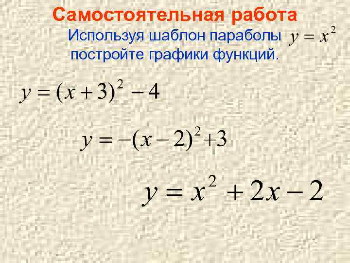 Самостоятельная работа Используя шаблон параболы постройте графики функций. 