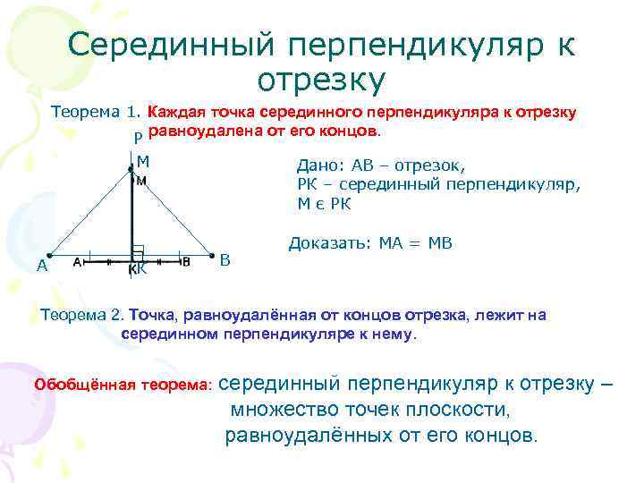 Каждая точка серединного перпендикуляра к отрезку равноудалена от концов этого отрезка рисунок