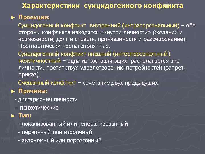  Характеристики суицидогенного конфликта ► Проекция: Суицидогенный конфликт внутренний (интраперсональный) – обе стороны конфликта