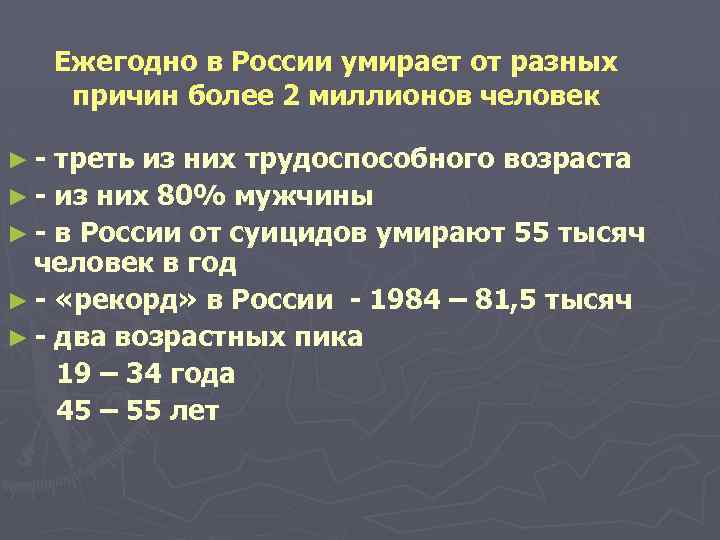  Ежегодно в России умирает от разных причин более 2 миллионов человек ► -