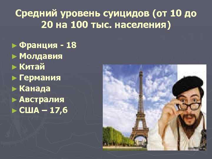 Средний уровень суицидов (от 10 до 20 на 100 тыс. населения) ► Франция -