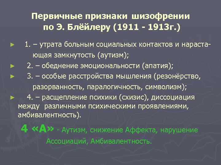 Первичные признаки шизофрении по Э. Блёйлеру (1911 - 1913 г. ) 1. – утрата