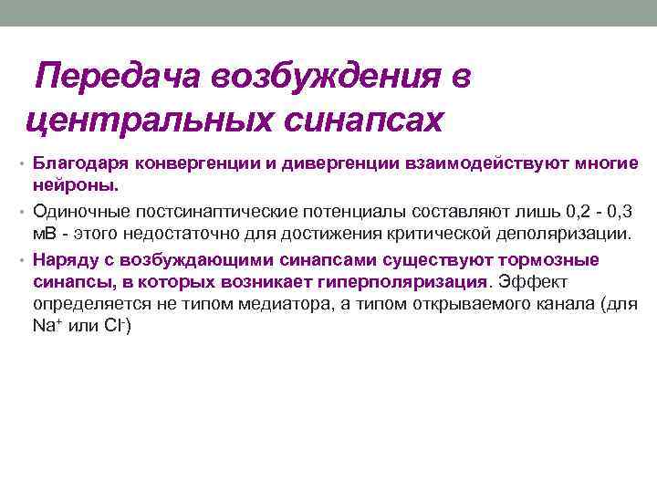  Передача возбуждения в центральных синапсах • Благодаря конвергенции и дивергенции взаимодействуют многие нейроны.