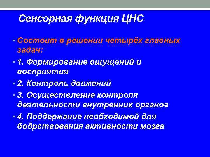 Сенсорная функция ЦНС • Состоит в решении четырёх главных задач: • 1. Формирование ощущений