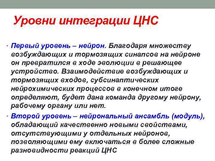 Уровни интеграции ЦНС • Первый уровень – нейрон. Благодаря множеству возбуждающих и тормозящих синапсов