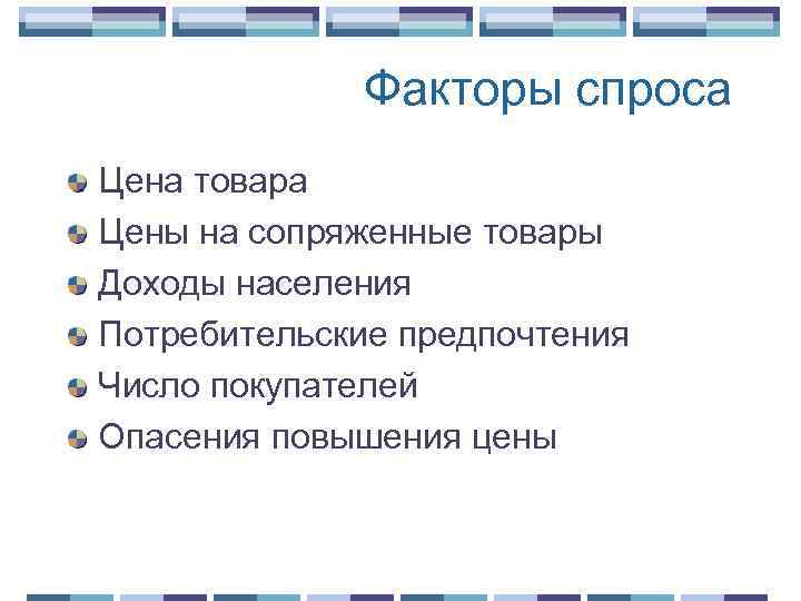 Факторы спроса Цена товара Цены на сопряженные товары Доходы населения Потребительские предпочтения Число покупателей