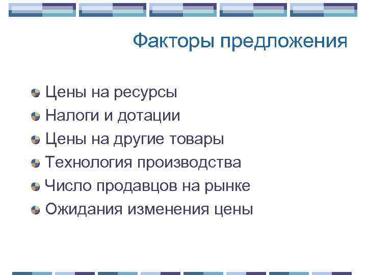 Факторы предложения Цены на ресурсы Налоги и дотации Цены на другие товары Технология производства