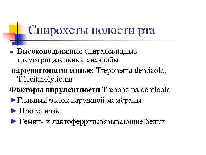  Спирохеты полости рта n. Высокоподвижные спиралевидные грамотрицательные анаэробы пародонтопатогенные: Treponema denticola, T. lecitinolyticum