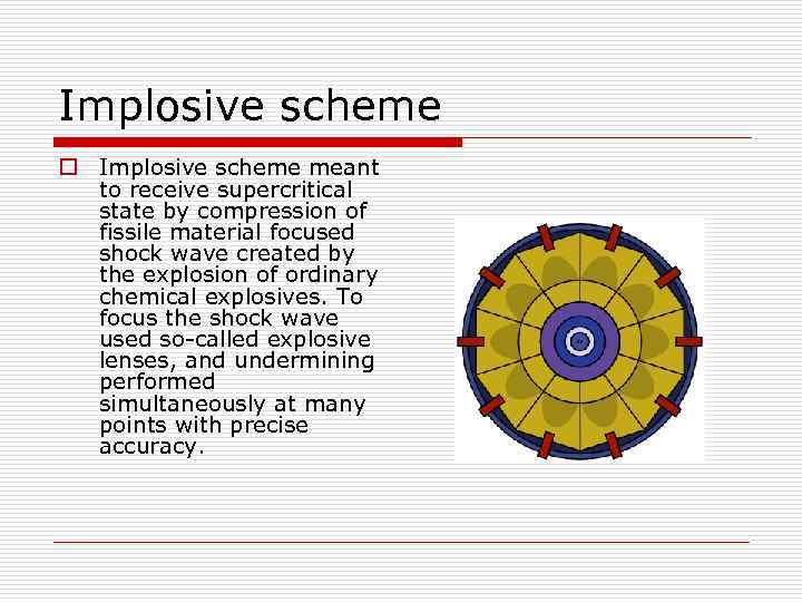 Implosive scheme o Implosive scheme meant to receive supercritical state by compression of fissile