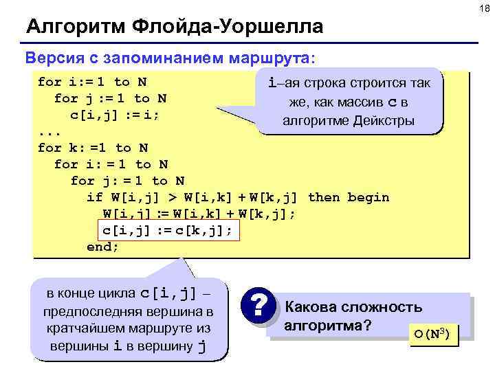 18 Алгоритм Флойда-Уоршелла Версия с запоминанием маршрута: for i: = 1 to N i–ая