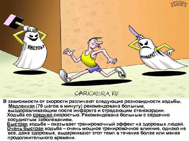 В зависимости от скорости различают следующие разновидности ходьбы. Медленная (70 шагов в минуту) рекомендована