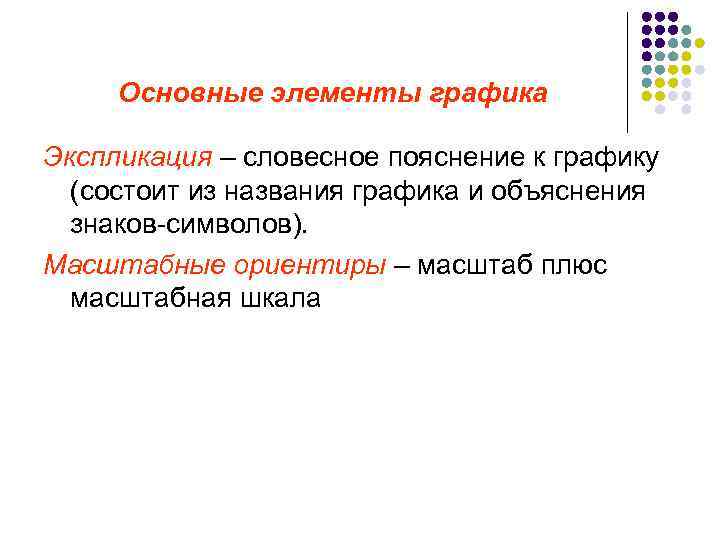 Основные элементы графика Экспликация – словесное пояснение к графику (состоит из названия графика и