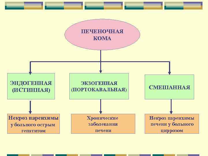 ПЕЧЕНОЧНАЯ КОМА ЭНДОГЕННАЯ (ИСТИННАЯ) Некроз паренхимы у больного острым гепатитом ЭКЗОГЕННАЯ (ПОРТОКАВАЛЬНАЯ) Хронические заболевания