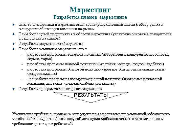 Маркетинг Разработка планов маркетинга l l l Бизнес-диагностика и маркетинговый аудит (ситуационный анализ): обзор