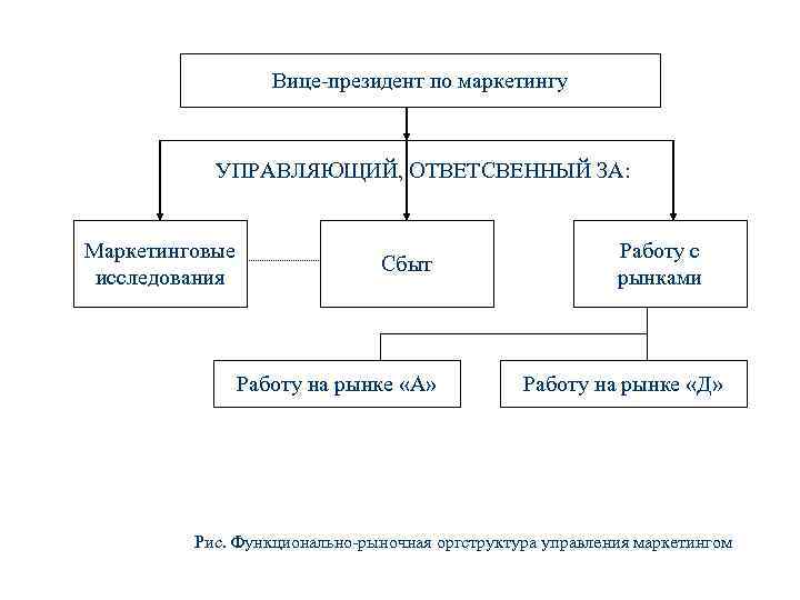 Вице-президент по маркетингу УПРАВЛЯЮЩИЙ, ОТВЕТСВЕННЫЙ ЗА: Маркетинговые исследования Сбыт Работу на рынке «А» Работу