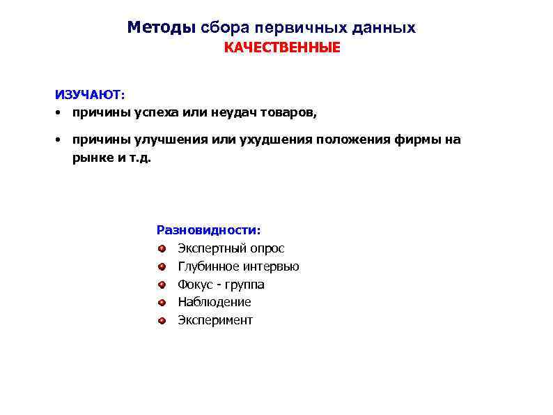 Методы сбора первичных данных КАЧЕСТВЕННЫЕ ИЗУЧАЮТ: • причины успеха или неудач товаров, • причины