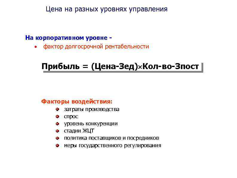 Цена на разных уровнях управления На корпоративном уровне фактор долгосрочной рентабельности Прибыль = (Цена-Зед)