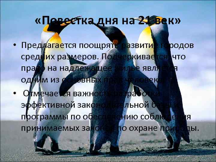 «Повестка дня на 21 век» • Предлагается поощрять развитие городов средних размеров. Подчеркивается,