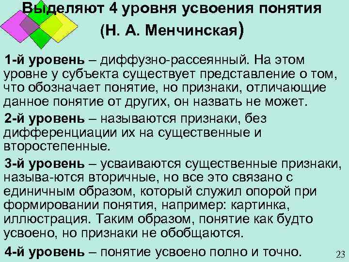 Выделяют 4 уровня усвоения понятия (Н. А. Менчинская) 1 -й уровень – диффузно-рассеянный. На