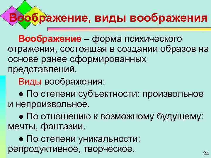 Воображение, виды воображения Воображение – форма психического отражения, состоящая в создании образов на основе