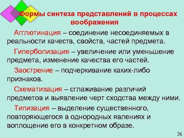 Формы синтеза представлений в процессах воображения Агглютинация – соединение несоединяемых в реальности качеств, свойств,