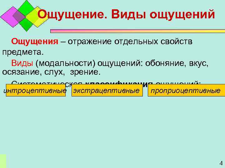 Ощущение. Виды ощущений Ощущения – отражение отдельных свойств предмета. Виды (модальности) ощущений: обоняние, вкус,