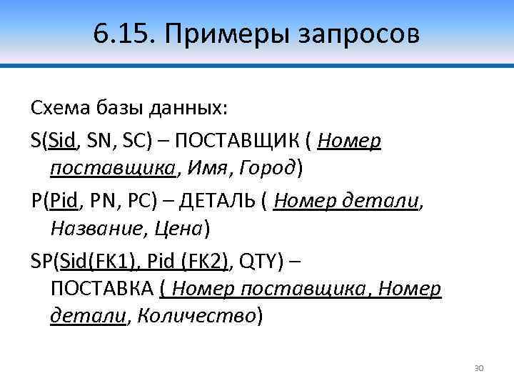 6. 15. Примеры запросов Схема базы данных: S(Sid, SN, SC) – ПОСТАВЩИК ( Номер