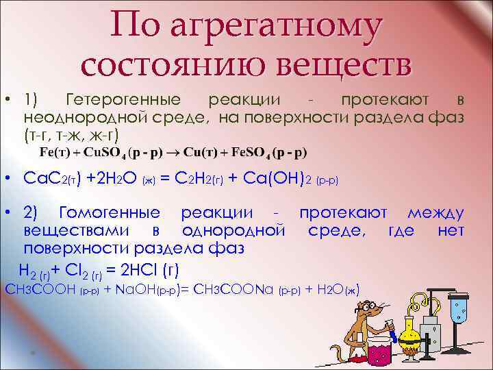 По агрегатному состоянию веществ • 1) Гетерогенные реакции протекают в неоднородной среде, на поверхности