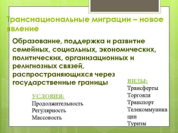 Транснациональные миграции – новое явление Образование, поддержка и развитие семейных, социальных, экономических, политических, организационных