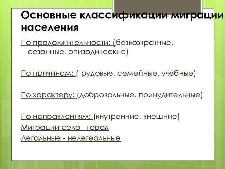 Основные классификации миграции населения По продолжительности: (безвозвратные, сезонные, эпизодические) По причинам: (трудовые, семейные, учебные)