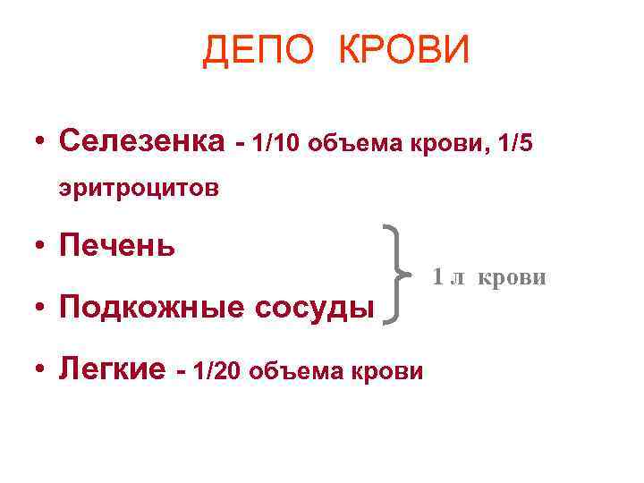 ДЕПО КРОВИ • Селезенка - 1/10 объема крови, 1/5 эритроцитов • Печень • Подкожные