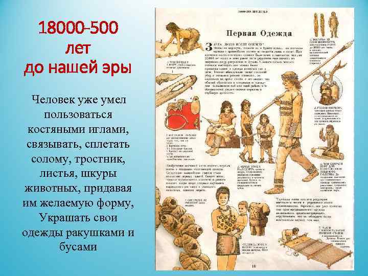  18000 -500 лет до нашей эры Человек уже умел пользоваться костяными иглами, связывать,