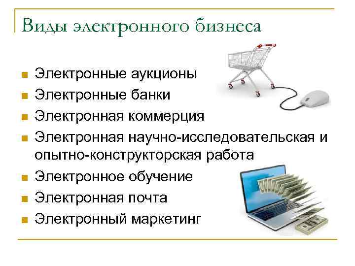 Виды электронного бизнеса n n n n Электронные аукционы Электронные банки Электронная коммерция Электронная