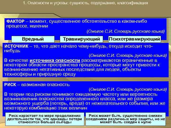 1. Опасности и угрозы: сущность, содержание, классификация ФАКТОР – момент, существенное обстоятельство в каком-либо