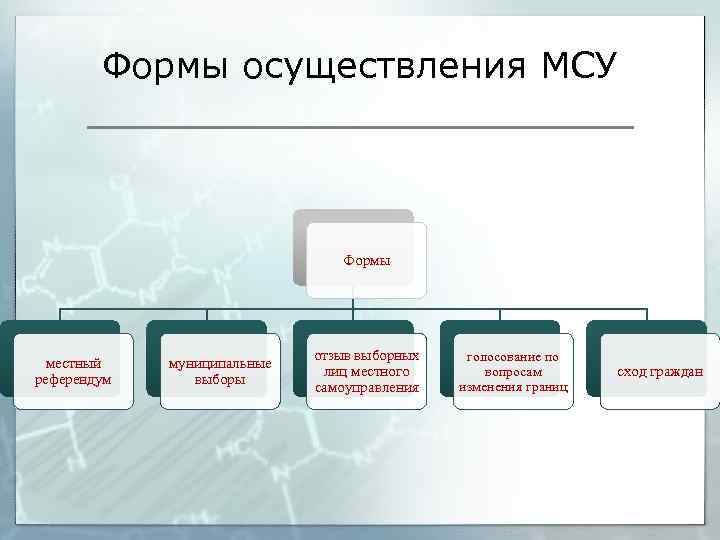 Формы осуществления МСУ Формы местный референдум муниципальные выборы отзыв выборных лиц местного самоуправления голосование