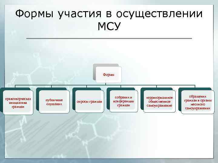 Формы участия в осуществлении МСУ Формы правотворческая инициатива граждан публичные слушания опросы граждан собрания