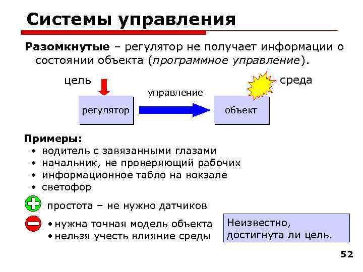 Системы управления Разомкнутые – регулятор не получает информации о состоянии объекта (программное управление). цель