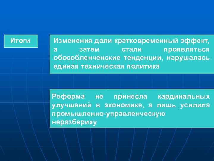 Итоги Изменения дали кратковременный эффект, а затем стали проявляться обособленченские тенденции, нарушалась единая техническая